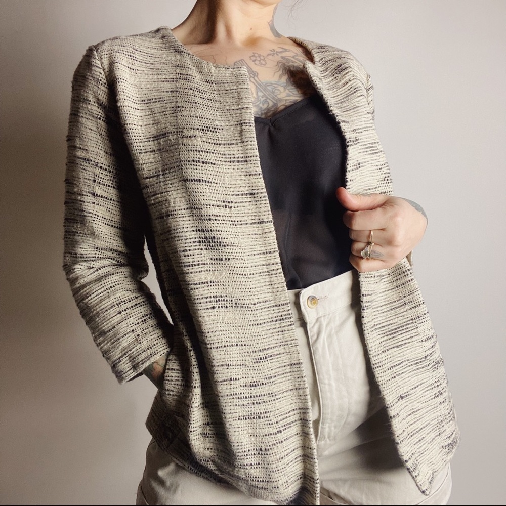 EILEEN FISHER Organic Cotton Blend Boucle Open Front Blazer Cream Black XS